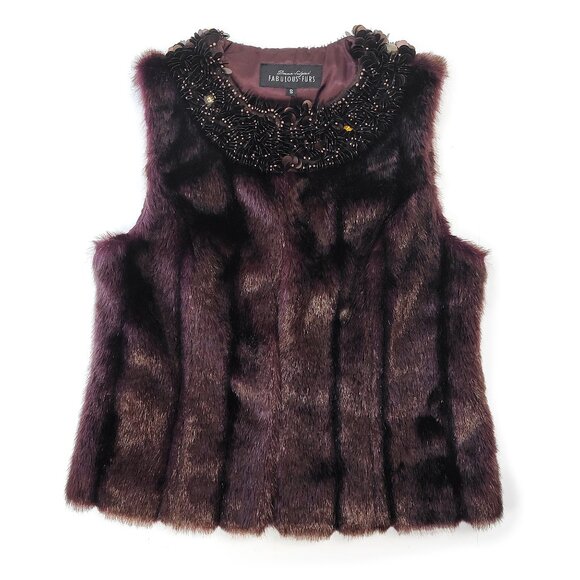 Fabulous Fur Vest Vegan Brown Plum Beaded Embellished Neck S Donna Salyers - Picture 1 of 9